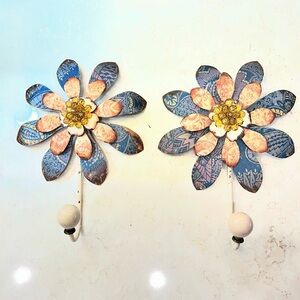 Metal Flower Wall Hooks Set Of 2 Jeweled Center Colorful Floral Whimsical